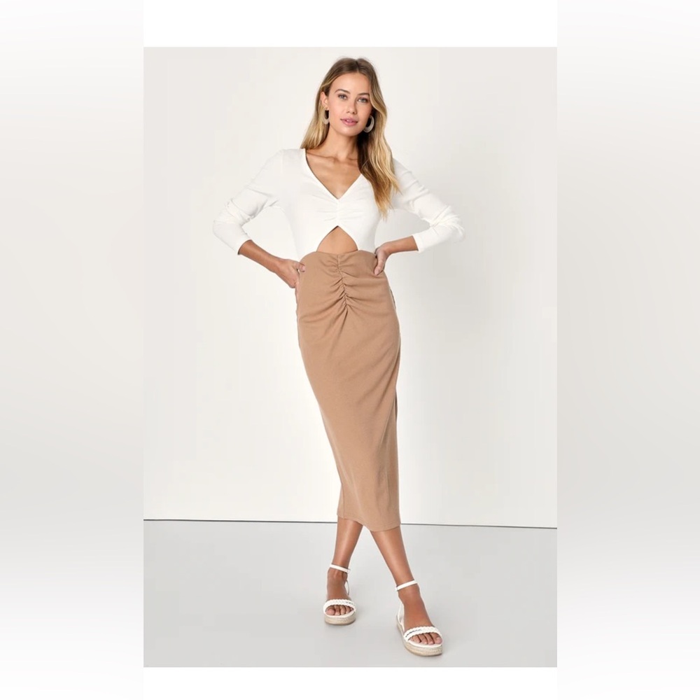 Undeniable Charm White and Tan Color Block Ribbed Midi Dress